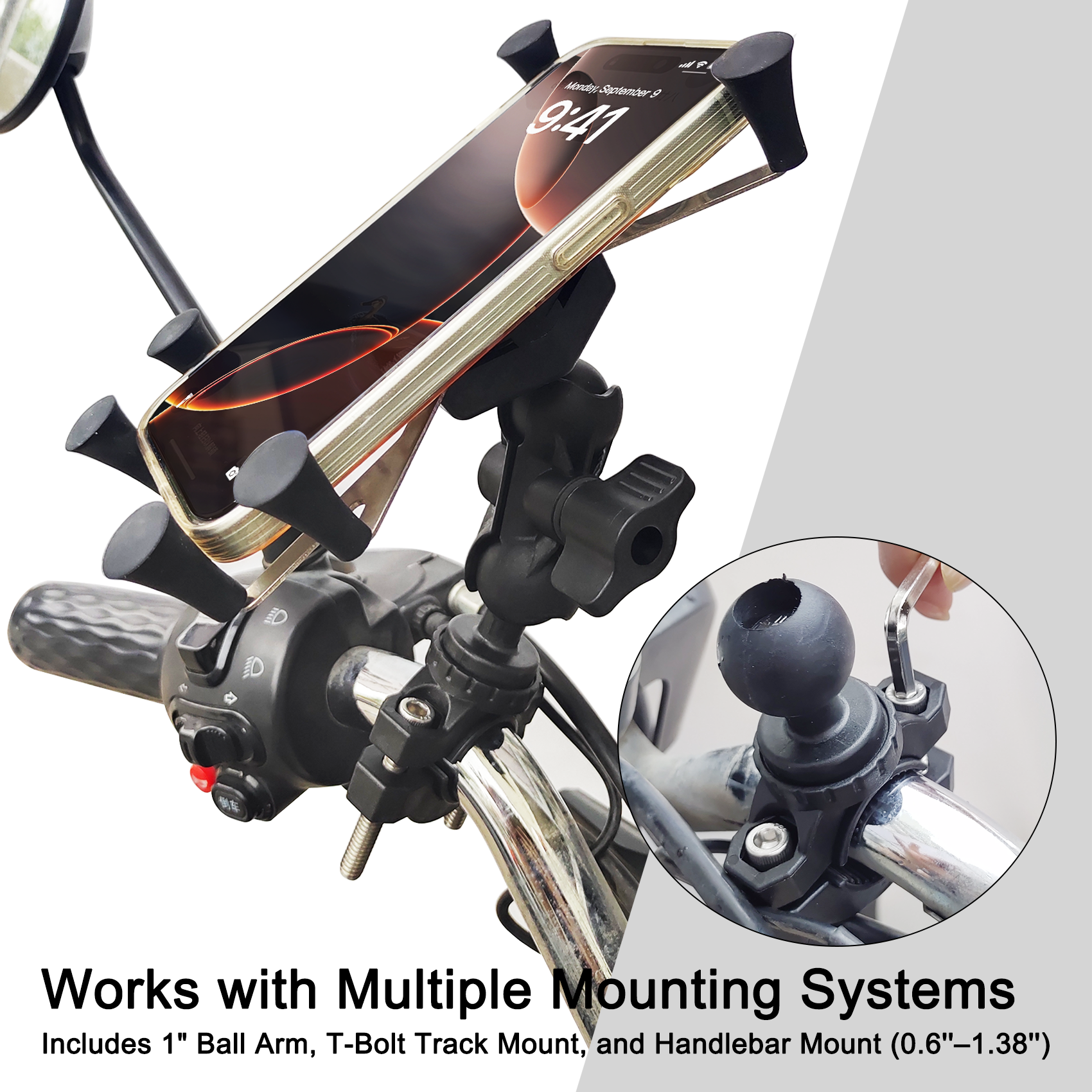 EDSRDPLT Kayak Phone Holder, 6-Claw Anti-Slip Mount, Compatible with 1" Ball Double Socket Arm System, Handlebar Mount with 1" Ball for Rail Diameter 0.6'' to 1.38'', T-Bolt Mount Track Ball