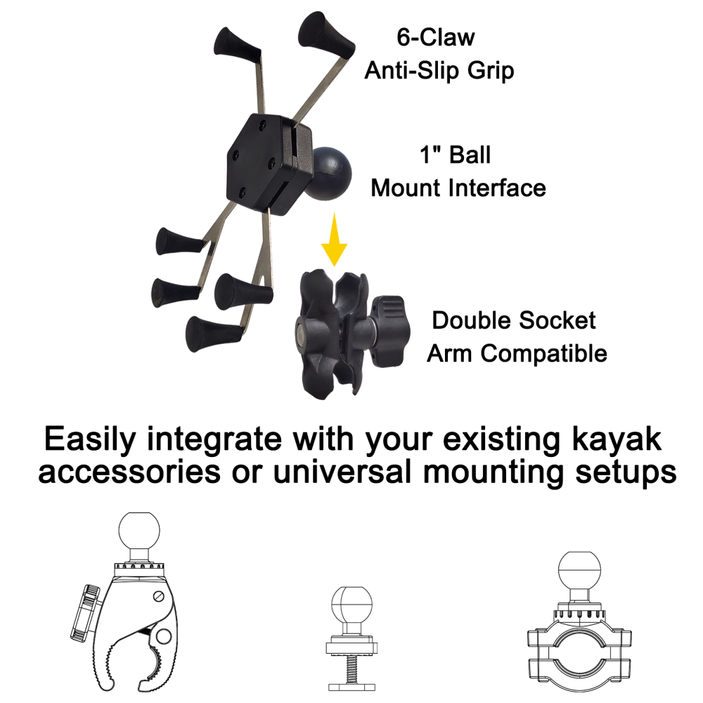 EDSRDPLT Kayak Phone Holder, 6-Claw Anti-Slip Mount, Full Button Access, Compatible with 1" Ball Double Socket Arm System Kayak Fishing Accessories