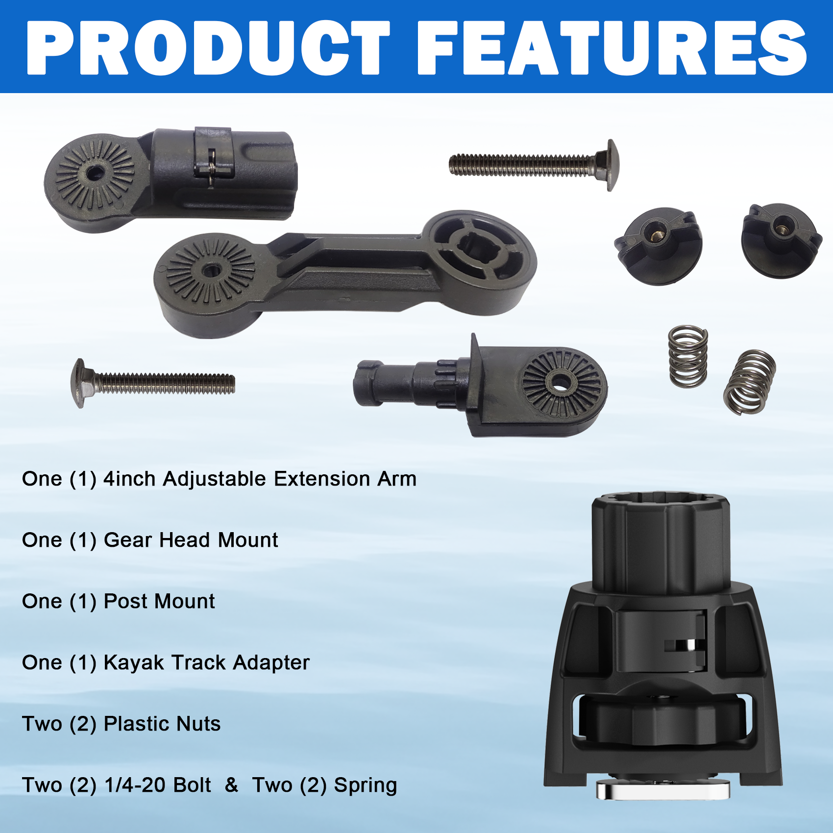 Kayak Extended Adapter, Adjustable Gear Head Adapter Kit with Anti-Rotation Locking Track Base for Rod Holders & Accessories