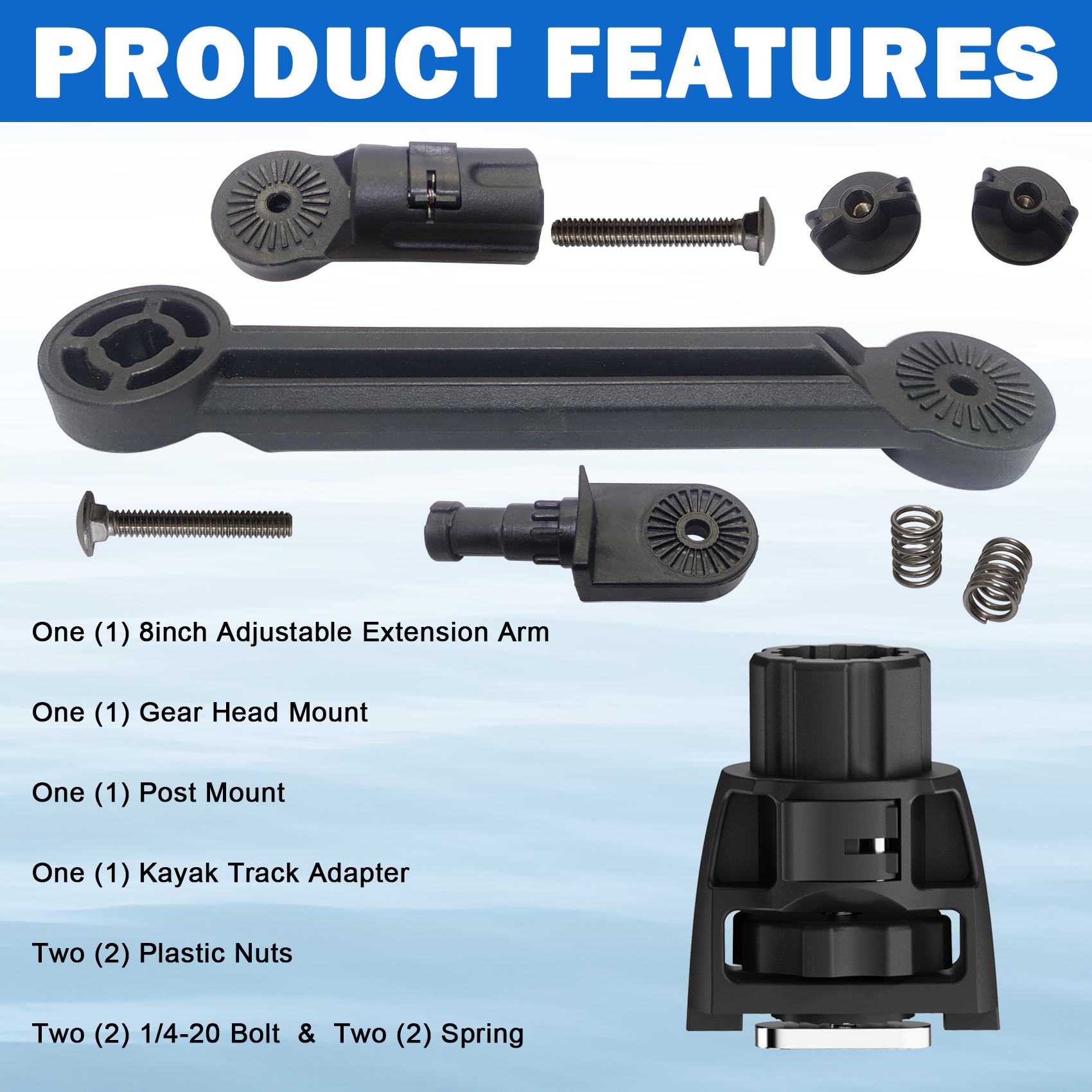 Kayak Extended Adapter, Adjustable Gear Head Adapter Kit with Anti-Rotation Locking Track Base for Rod Holders & Accessories