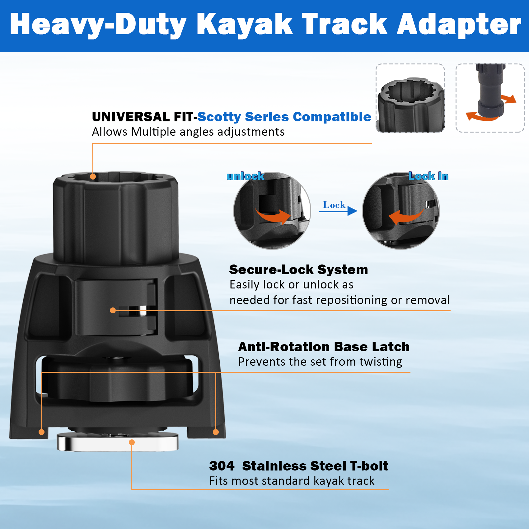 Kayak Extended Adapter, Adjustable Gear Head Adapter Kit with Anti-Rotation Locking Track Base for Rod Holders & Accessories
