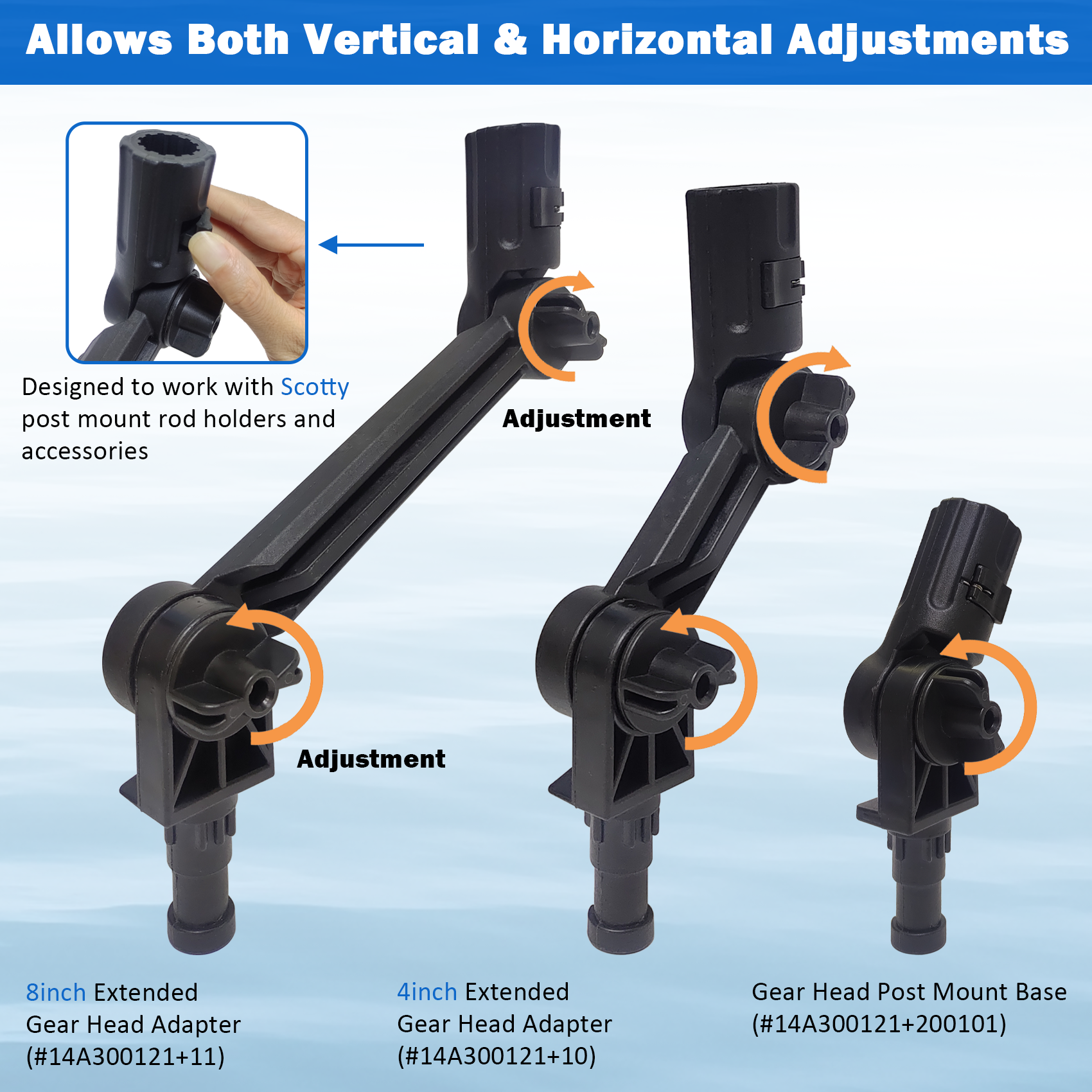 Kayak Extended Adapter, Adjustable Gear Head Adapter Kit with Anti-Rotation Locking Track Base for Rod Holders & Accessories