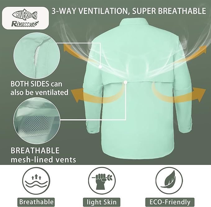 Riverruns UPF 50+ Men's Fishing Shirts, Long Sleeve UV Protection Shirts, Water-Repellent for Hiking, Fishing, Camping