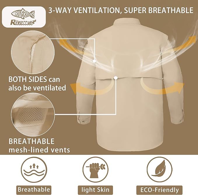 Riverruns UPF 50+ Men's Fishing Shirts, Long Sleeve UV Protection Shirts, Water-Repellent for Hiking, Fishing, Camping