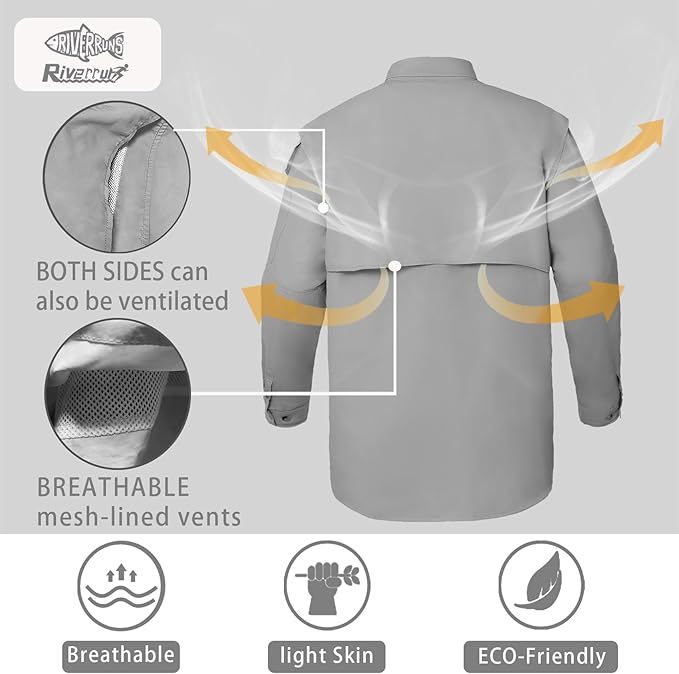 Riverruns UPF 50+ Men's Fishing Shirts, Long Sleeve UV Protection Shirts, Water-Repellent for Hiking, Fishing, Camping