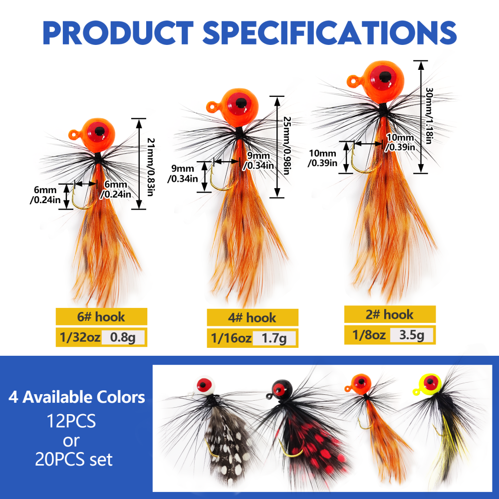 Eupheng 12PCS/20PCS Hand-Tied Feather Hair Jigs, 1/16oz 1/32oz 1/8oz Marabou Jigs for Trout, Crappie, Walleye, Panfish, Sunfish, Bluegill