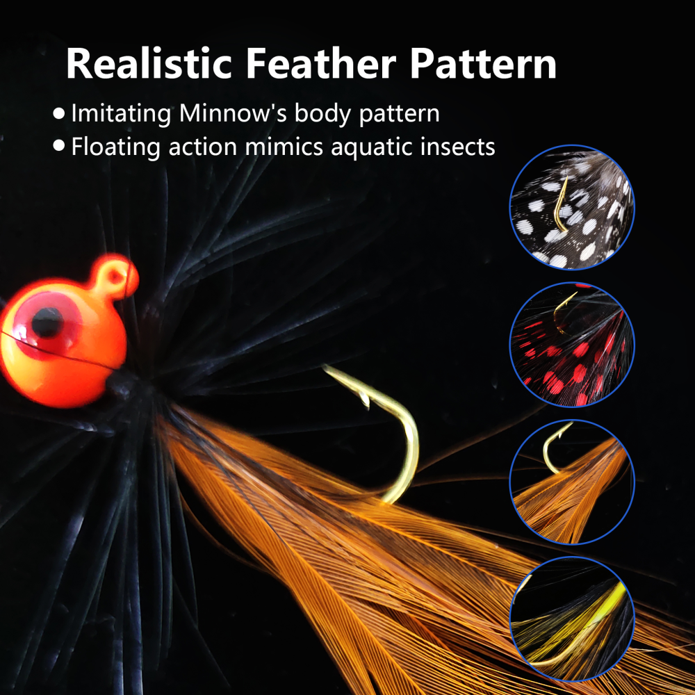 (Black Friday Gifts) Eupheng 12PCS Hand-Tied Feather Hair Jigs, 1/16oz Marabou Jigs for Trout, Crappie, Walleye, Panfish, Sunfish, Bluegill