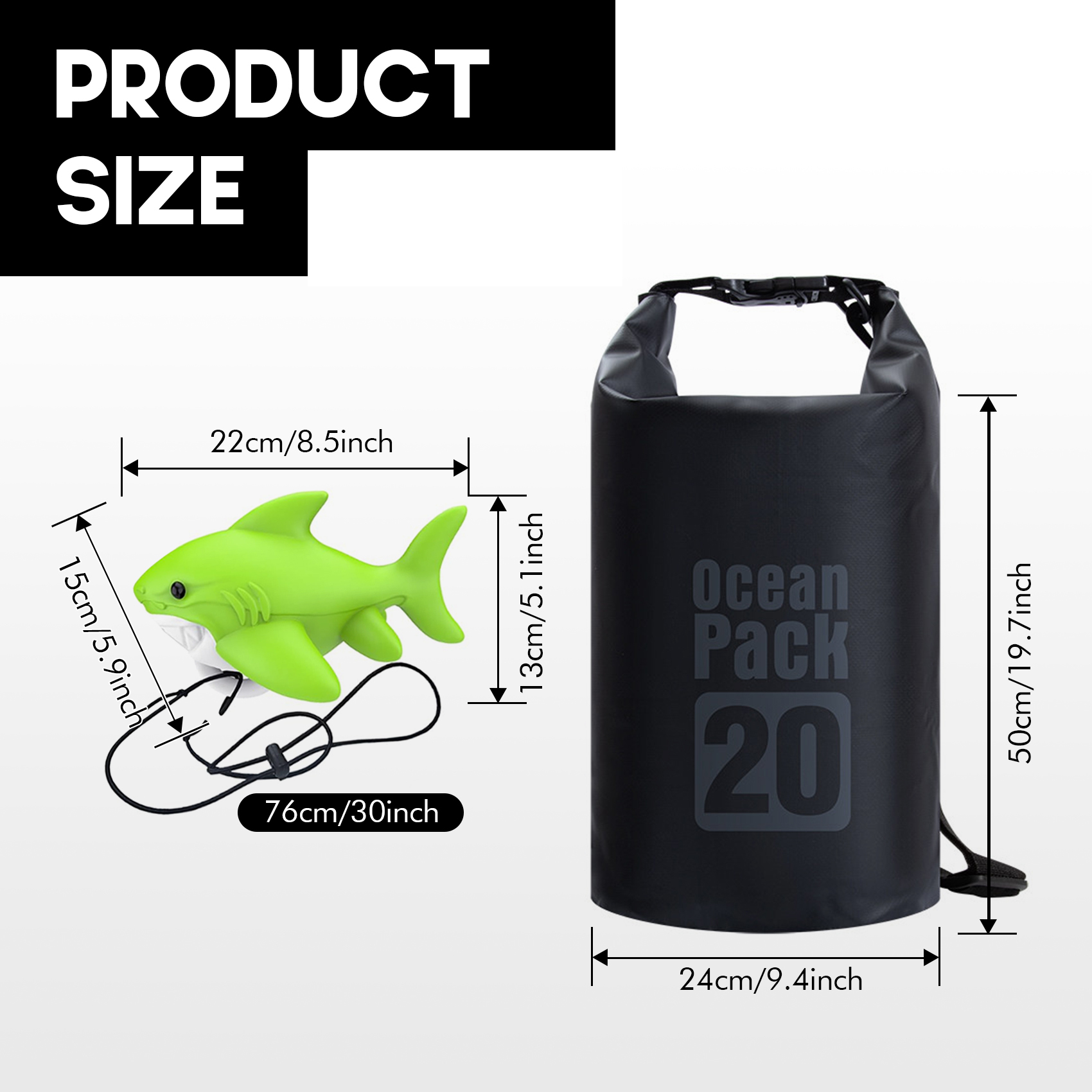 Shark-Shaped Anchor Buoy with 20L Waterproof Dry Bag Kayak Anchor Marker Float Set High Visibility Heavy-Duty Roll Top Dry Sack for Gear Protection for Kayaking Boating Jet Ski Paddle Board