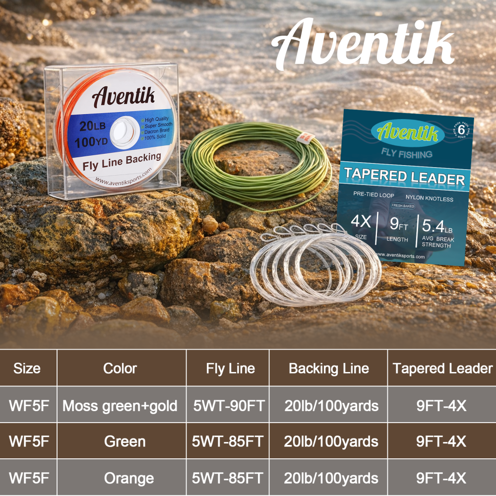 Aventik Fly Fishing Line Combo Kit, Weight Forward Floating Line with Two Welded Loops, Backing Line, Tapered Leader
