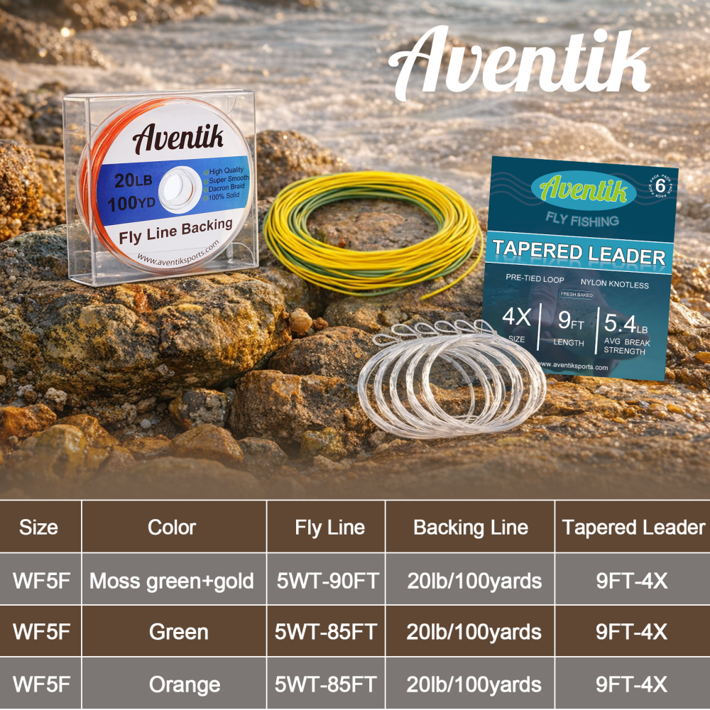 Aventik Fly Fishing Line Combo Kit, Weight Forward Floating Line with Two Welded Loops, Backing Line, Tapered Leader