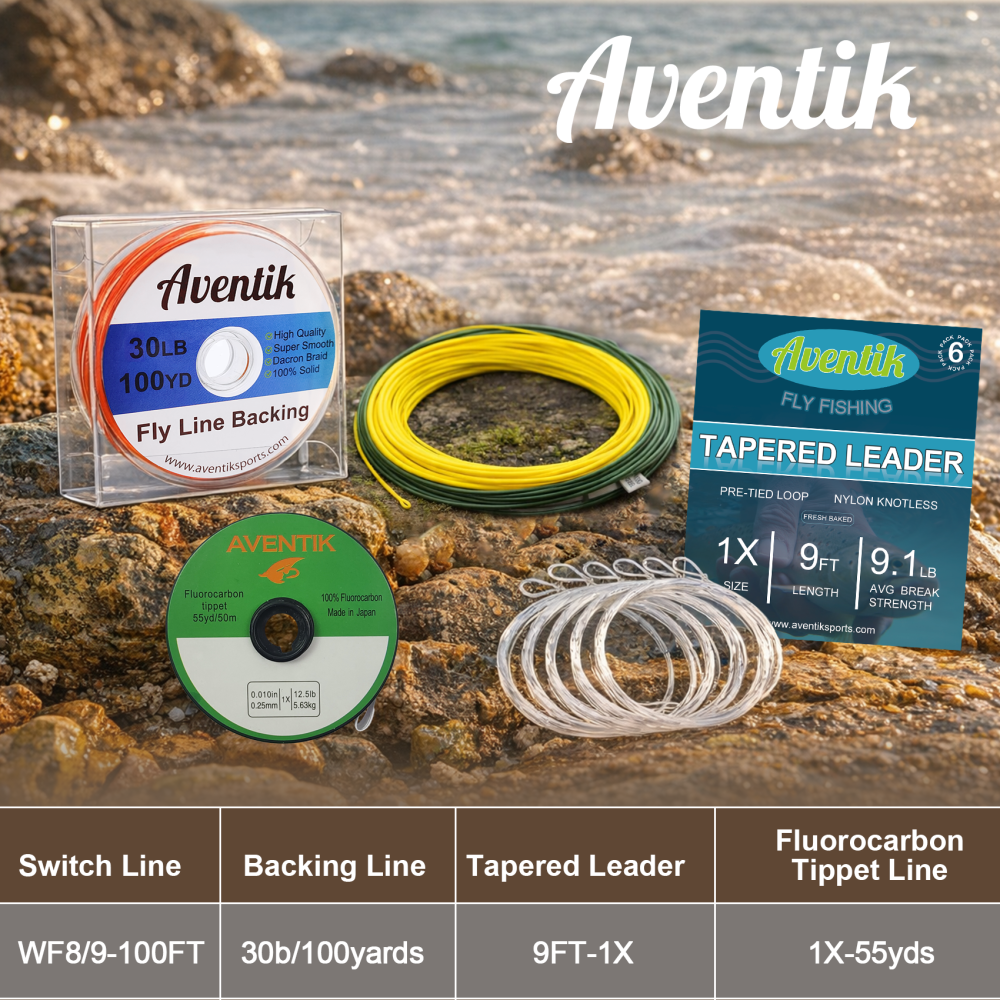 Aventik Fly Fishing Line Combo Kit, Switch Line with 55 ft head, Backing Line, Tapered Leader and Tippet