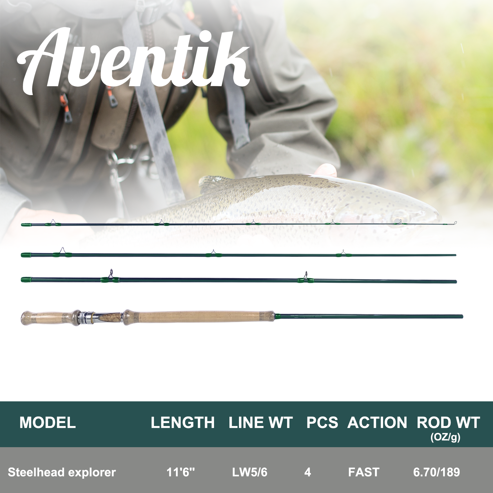 Aventik Steelhead Explorer Switch Fly Rod, 46T Nano Carbon, 11'6'' Fast Action Hybrid Power, Oregon Series