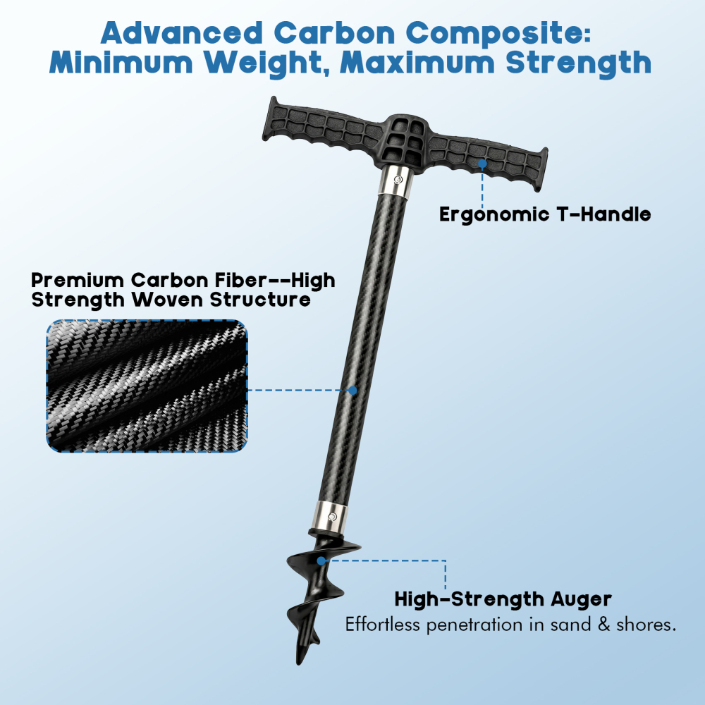 Carbon Fiber Boat Sand Anchor with Reinforced Nylon Auger for Shallow Water, Jet Ski, Kayak, Paddle Board - Heavy-Duty Beach Sandbar Pole, T-Handle, Shark Buoy & Waterproof Bag