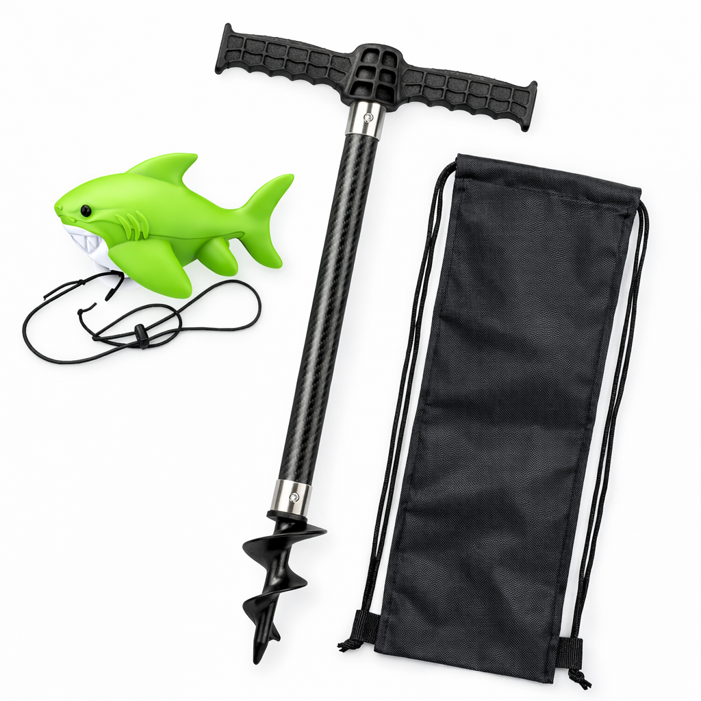 Carbon Fiber Boat Sand Anchor with Reinforced Nylon Auger for Shallow Water, Jet Ski, Kayak, Paddle Board - Heavy-Duty Beach Sandbar Pole, T-Handle, Shark Buoy & Waterproof Bag