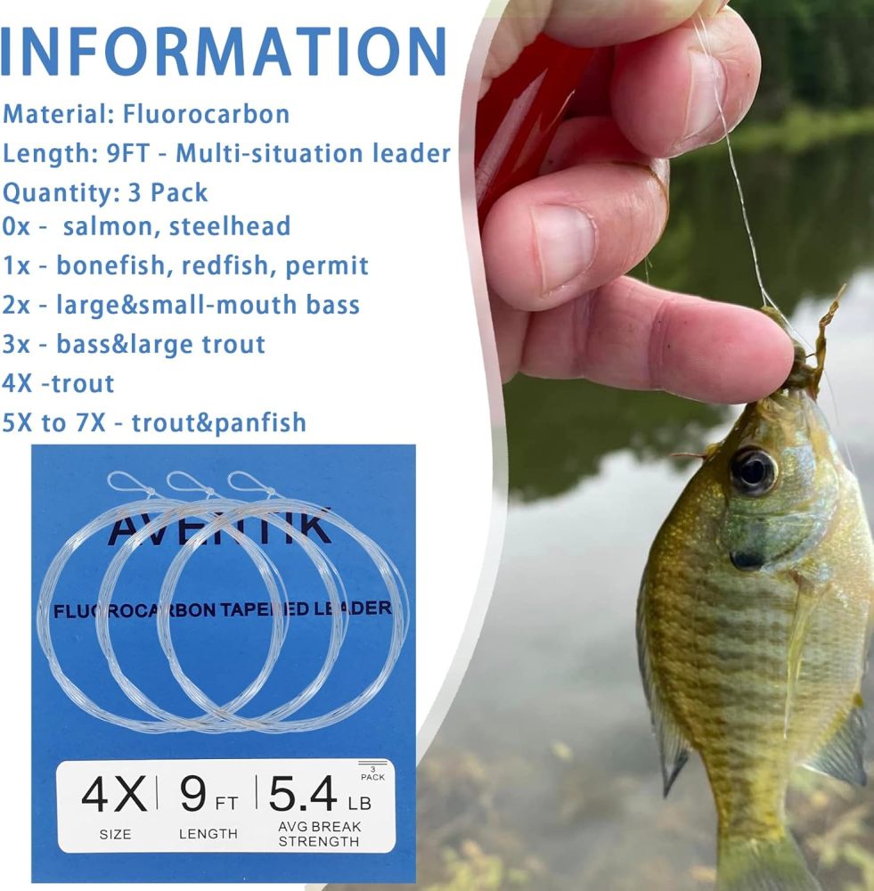 Aventik Premium Fluorocarbon Tapered Leader Freshwater/Saltwater 9ft Fly Fishing Leaders Pro Looped X0 to X7(3 Pack)