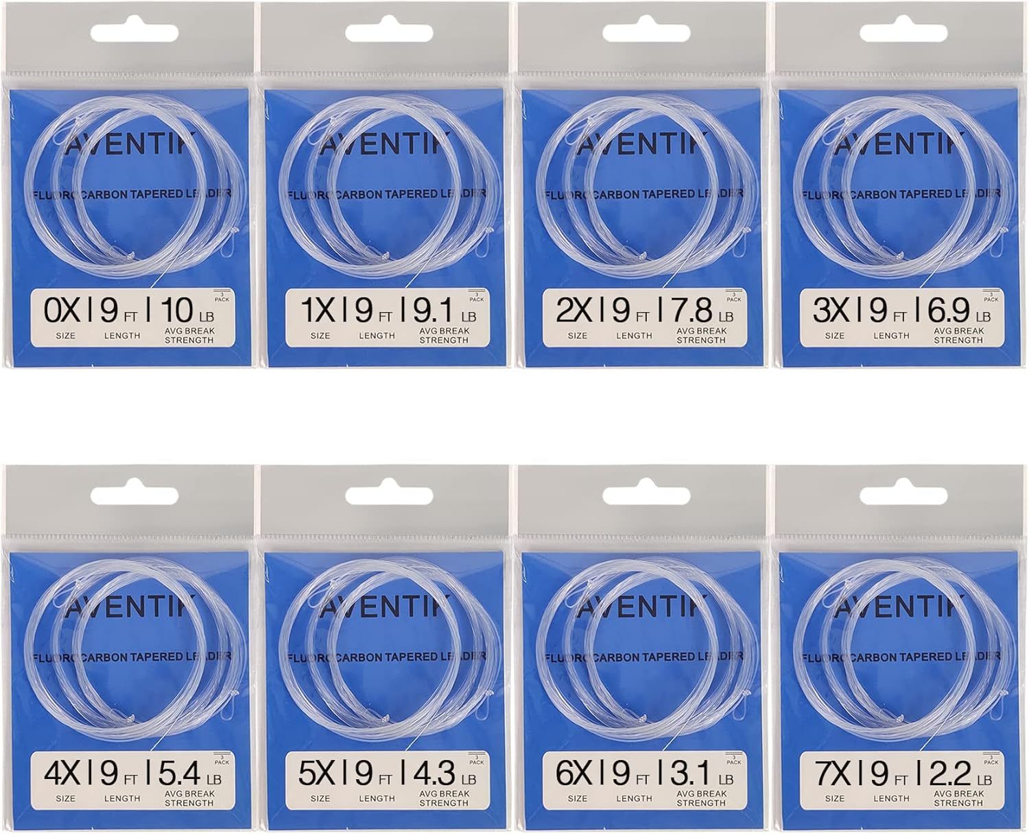 Aventik Premium Fluorocarbon Tapered Leader Freshwater/Saltwater 9ft Fly Fishing Leaders Pro Looped X0 to X7(3 Pack)