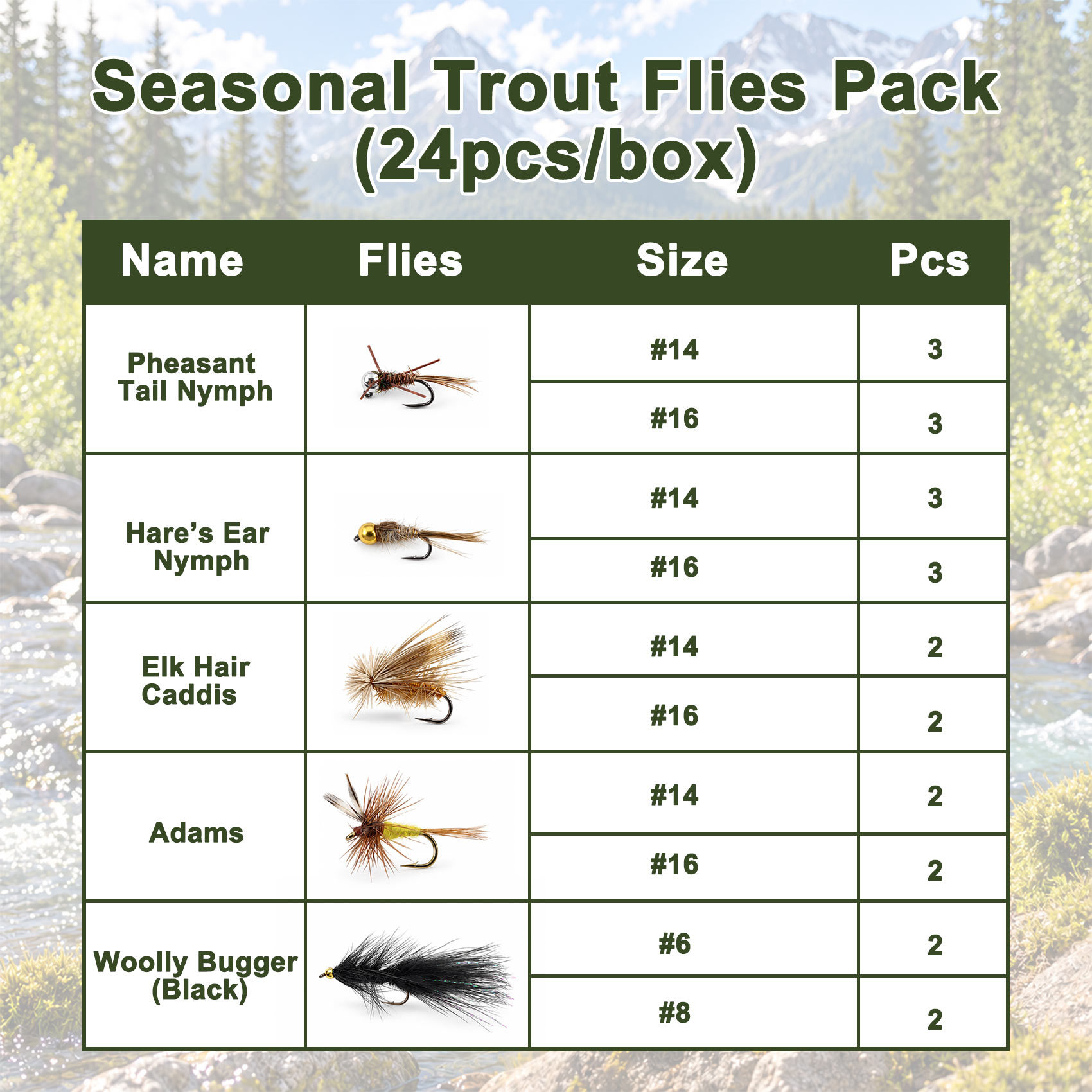 Aventik Trout Flies Set, 24PCS Nymph Dry Fly Streamer Collection for Trout Bass Salmon Freshwater Fishing