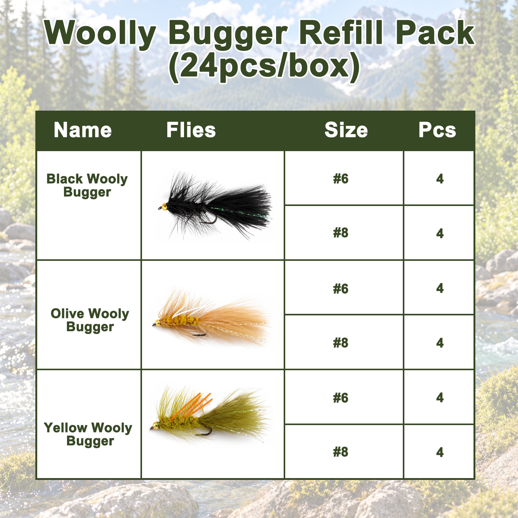 Aventik Woolly Bugger Flies Set, 24PCS Black Olive Yellow Fly Fishing Flies for Trout Bass Salmon Steelhead Fishing
