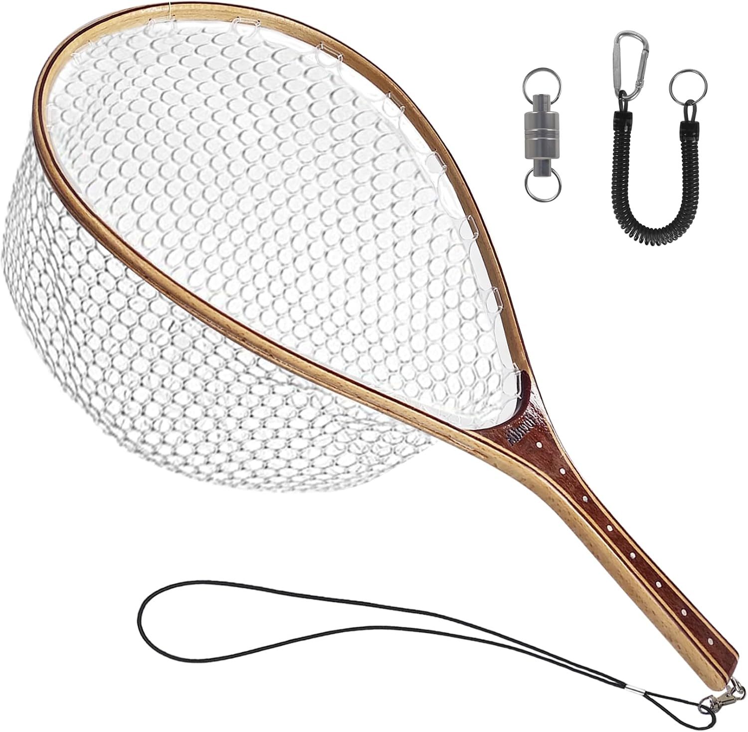 Aventik Fly Fishing Landing Trout Fishing Wooden Net with Magnet Release Soft Rubber Net Bag Catch & Release Great Protection for Fish