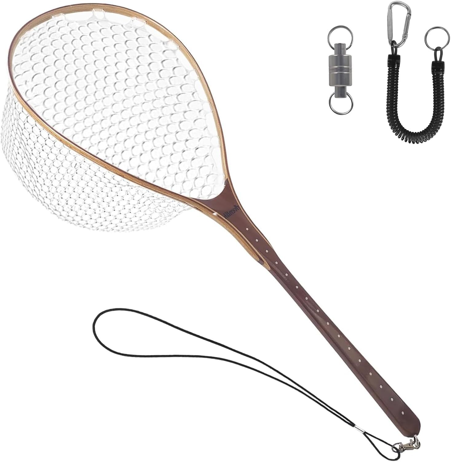 Aventik Fly Fishing Landing Trout Fishing Wooden Net with Magnet Release Soft Rubber Net Bag Catch & Release Great Protection for Fish