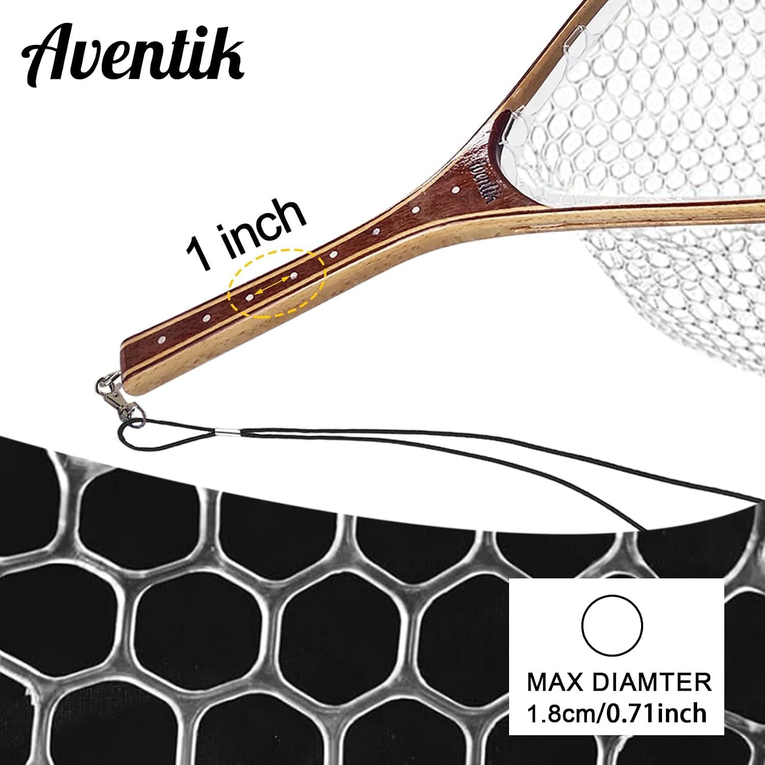Aventik Fly Fishing Landing Trout Fishing Wooden Net with Magnet Release Soft Rubber Net Bag Catch & Release Great Protection for Fish