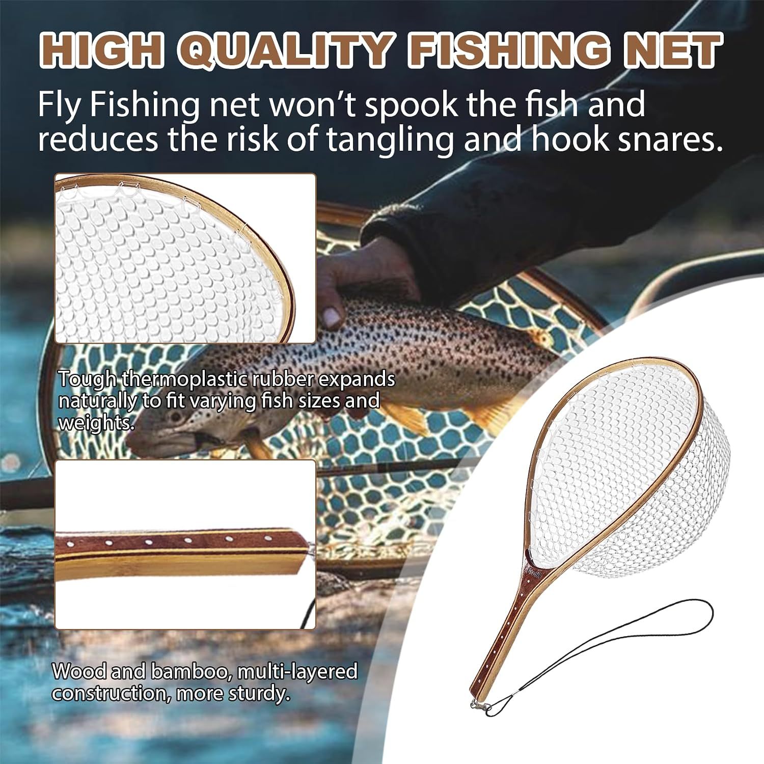 Aventik Fly Fishing Landing Trout Fishing Wooden Net with Magnet Release Soft Rubber Net Bag Catch & Release Great Protection for Fish