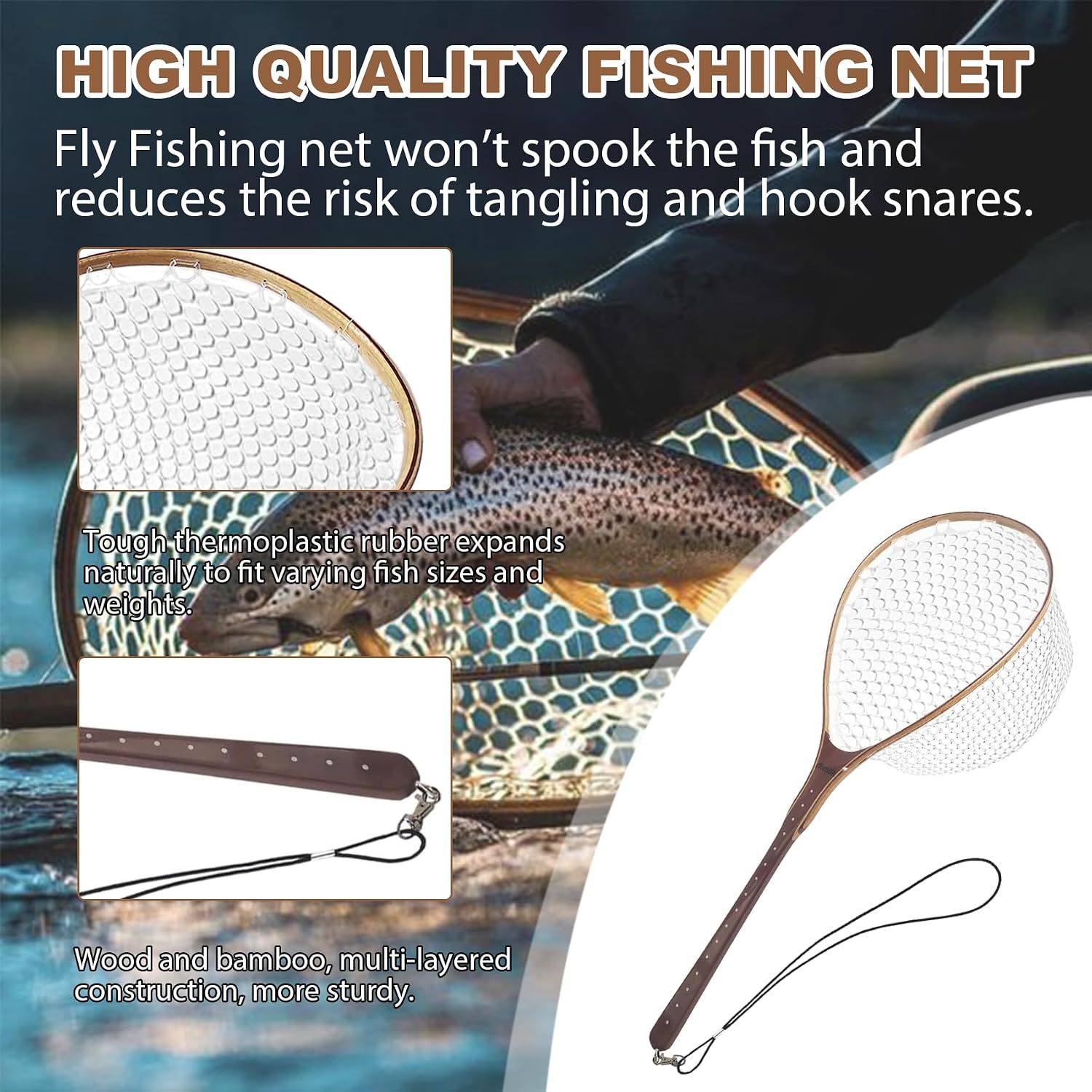 Aventik Fly Fishing Landing Trout Fishing Wooden Net with Magnet Release Soft Rubber Net Bag Catch & Release Great Protection for Fish