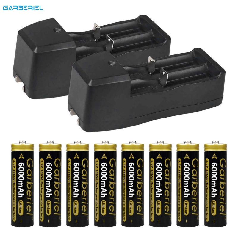 2 Pack Smart Charger and 8 Pack 18650 Li-ion Rechargeable Flashlight Battery 3.7v 6000 mah (Yellow or gloden color）