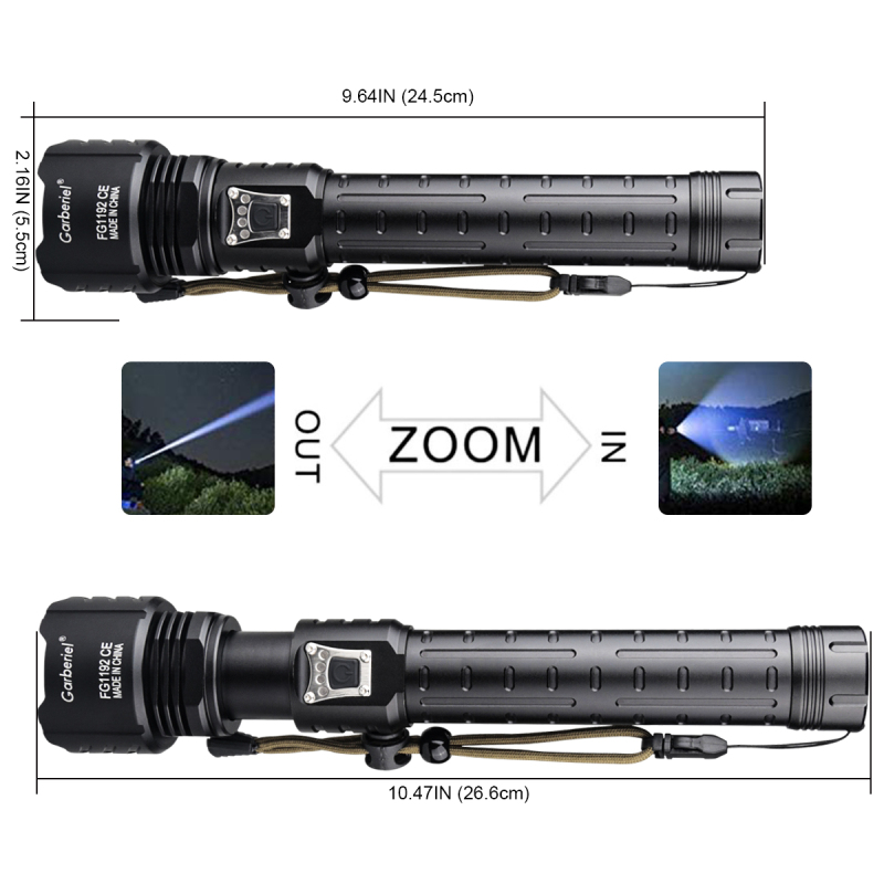 XHP90 6000 High Lumens Flashlight 5 Modes Zoomable with Battery Rechargeable