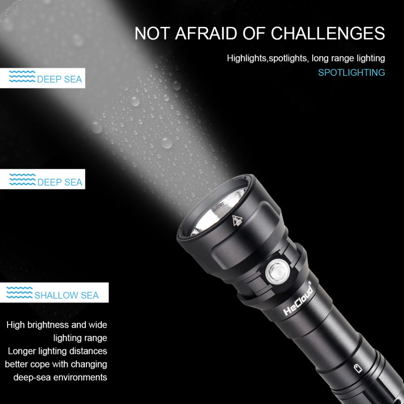 HeCloud 2000 Lumen Diving Flashlight Underwater 150 Meters (492 ft)
