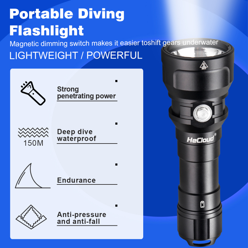 HeCloud 2000 Lumen Diving Flashlight Underwater 150 Meters (492 ft)