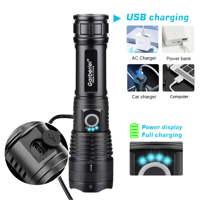 XHP70 Flashlight with 18650 Battery 5000 High Lumens Rechargeable Zoomable Light