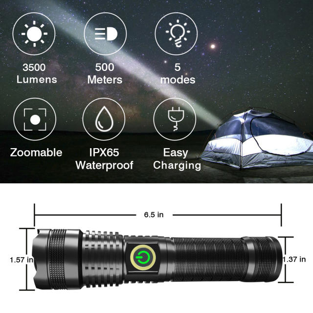 XHP70 3500 Lumens Flashlight Zoomable 5 Modes with Battery Rechargeable
