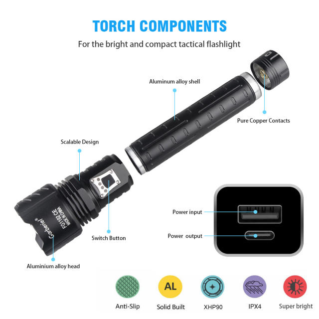 XHP90 6000 High Lumens Flashlight 5 Modes Zoomable with Battery Rechargeable