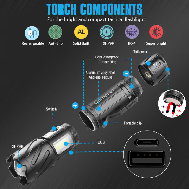 Garberiel XHP99 Magnetic Flashlight Rechargeable with COB Side Light