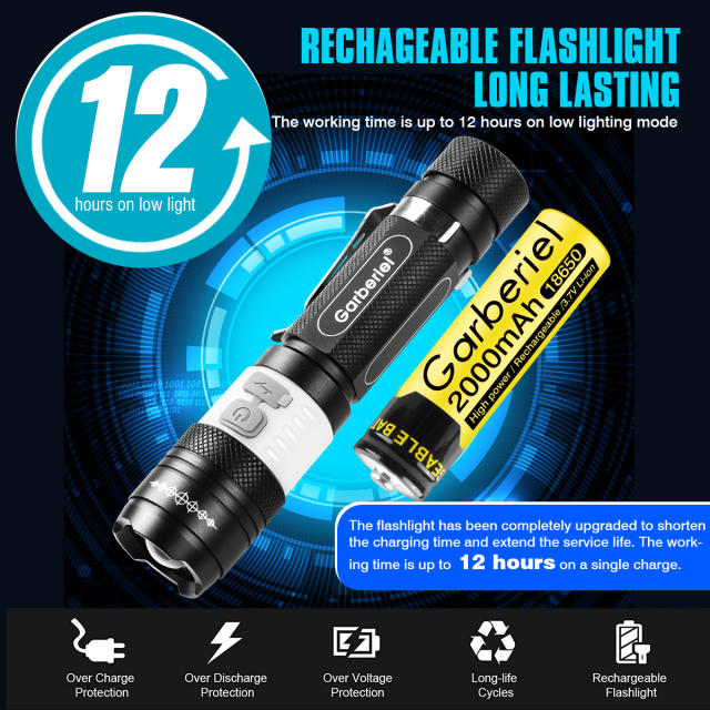 Garberiel T6 Small COB Torch Rechargeable with 18650 2000mah Battery Set