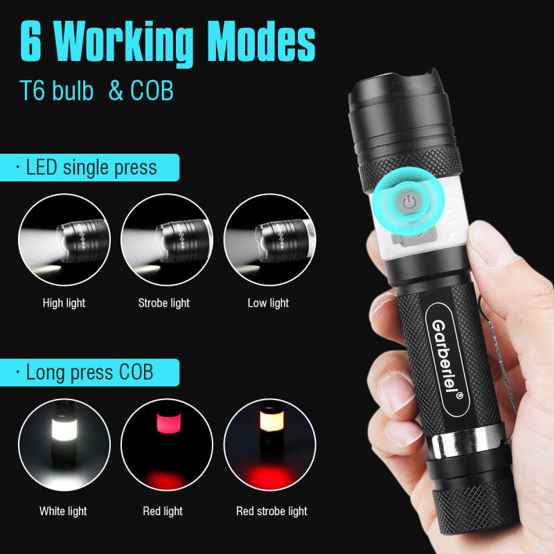 Garberiel T6 Small COB Torch Rechargeable with 18650 2000mah Battery Set