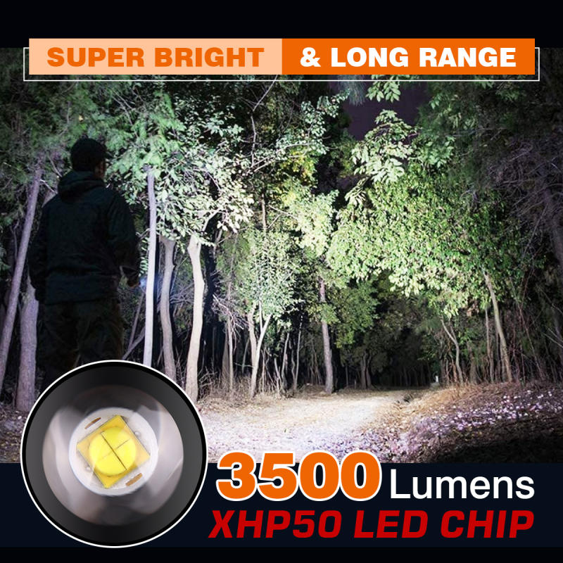 2 Set XHP50 LED 3500 Lumens Flashlight with IPX65 Water Resistant Level