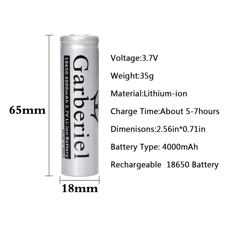 Garberiel Flat Top 4000mAh 18650 Battery Rechargeable 3.7V Lithium 1 PC