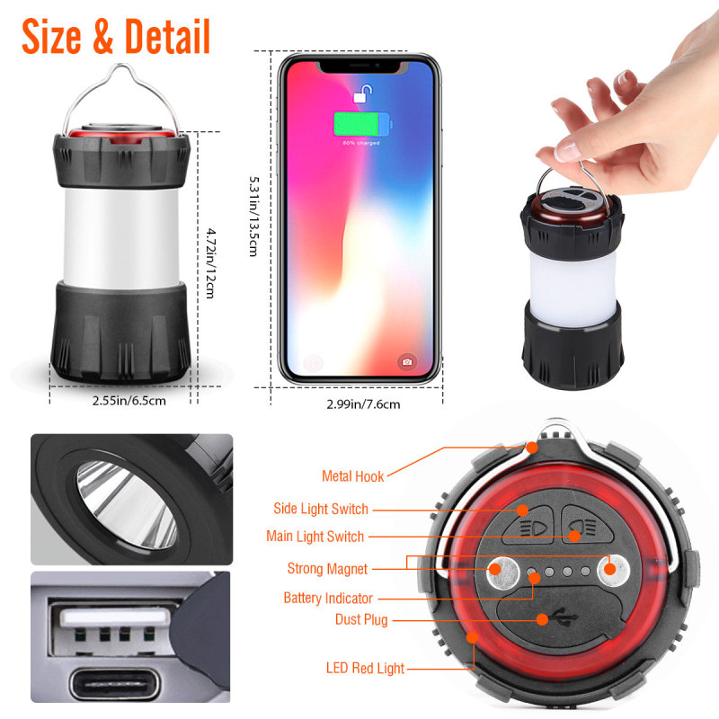 Mini USB Camping Lantern Rechargeable 9 Mode Lights with 1000LM Flashlight and 2000mAH Power Bank