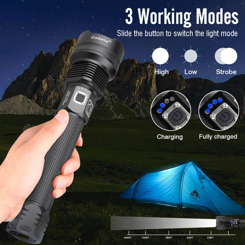 XHP70 LED Powerful Flashlight Waterproof USB Rechargeable Light