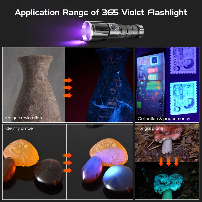 365nm UV Flashlight Blacklight with 26650 Rechargeable Battery & Charger