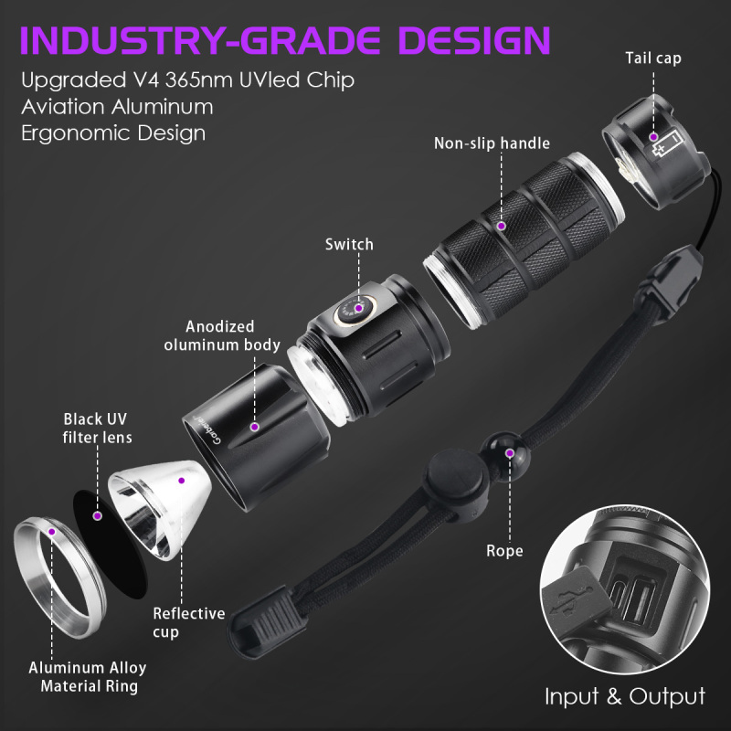 365nm UV Flashlight Blacklight with 26650 Rechargeable Battery & Charger