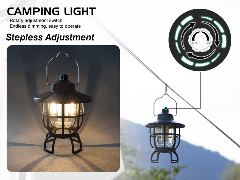 Camping Lantern, Dimmable LED Lamp Type C Rechargeable Vintage