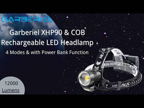 Garberiel XHP90 Ultra Bright Rechargeable LED Headlamp with Power Bank Function
