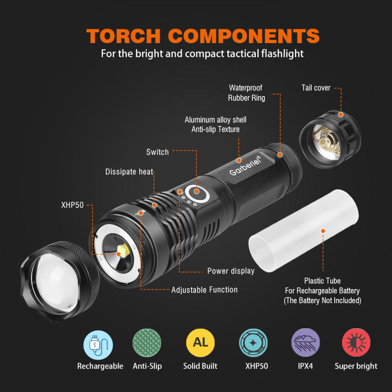 2 Set XHP50 LED 3500 Lumens Flashlight with IPX4 Water Resistant Level