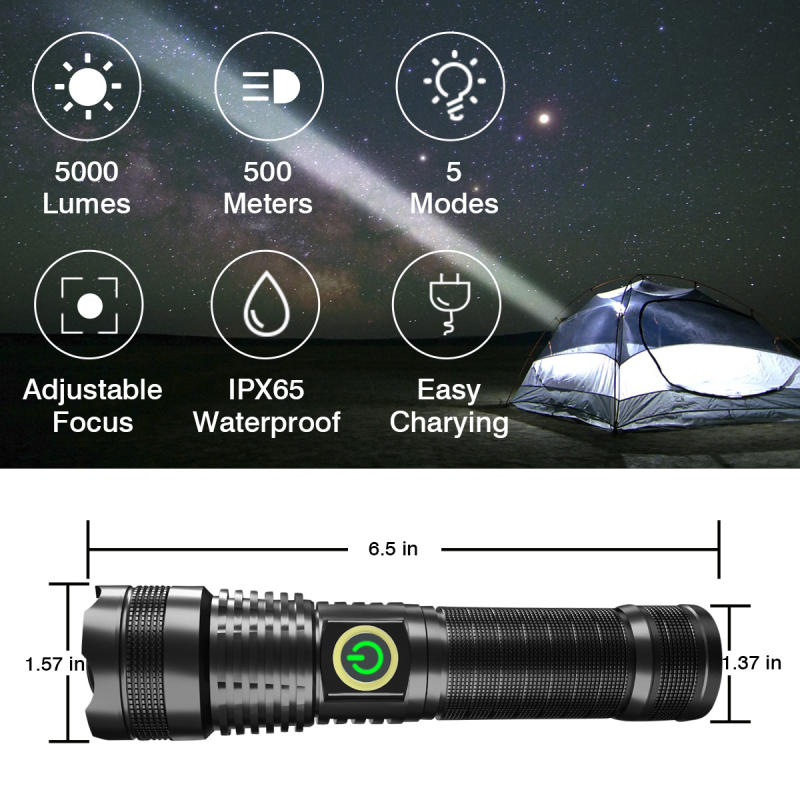 XHP70 3500 Lumens Flashlight 5 Modes with Battery Rechargeable