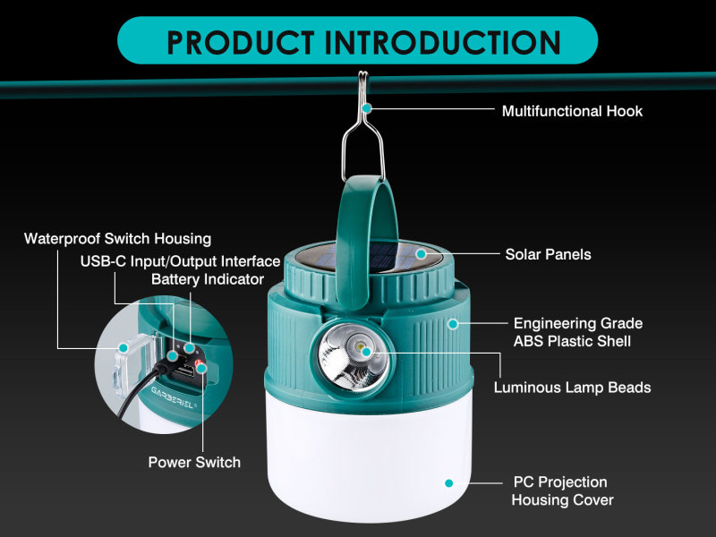 Garberiel LED Solar & USB Rechargeable Camping Lantern IPX4 Waterproof Tent Light