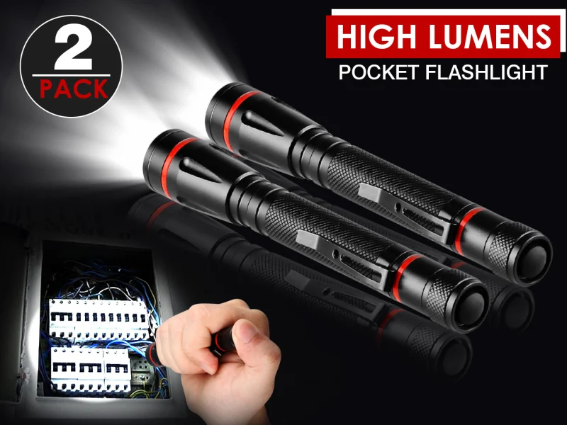 2Pack LED Pocket Pen Light with 3Modes Zoom Portable EDC Flashlight with Clip