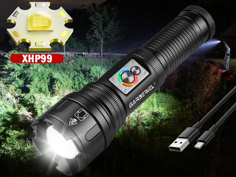 Garberiel High Lumens XHP99 Rechargeable Portable Flashlight with COB Light